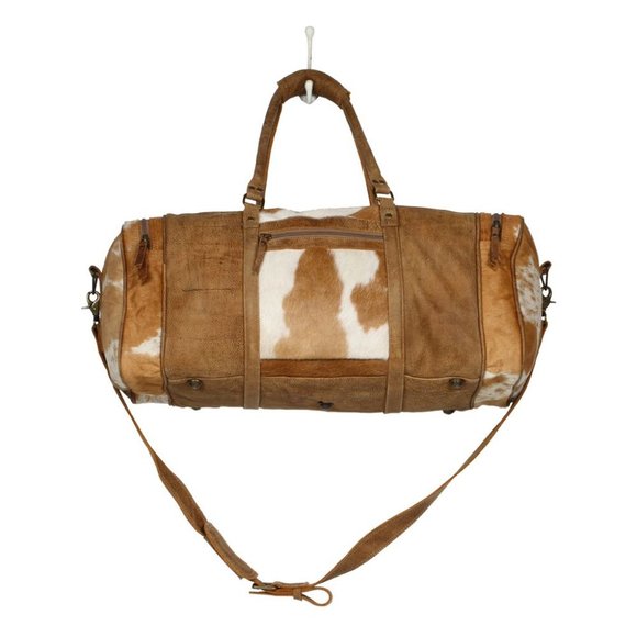 Myra Bag Cinnamon Traveller Bag Hair On Duffle Upcycled Genuine Cowhide - Picture 3 of 6
